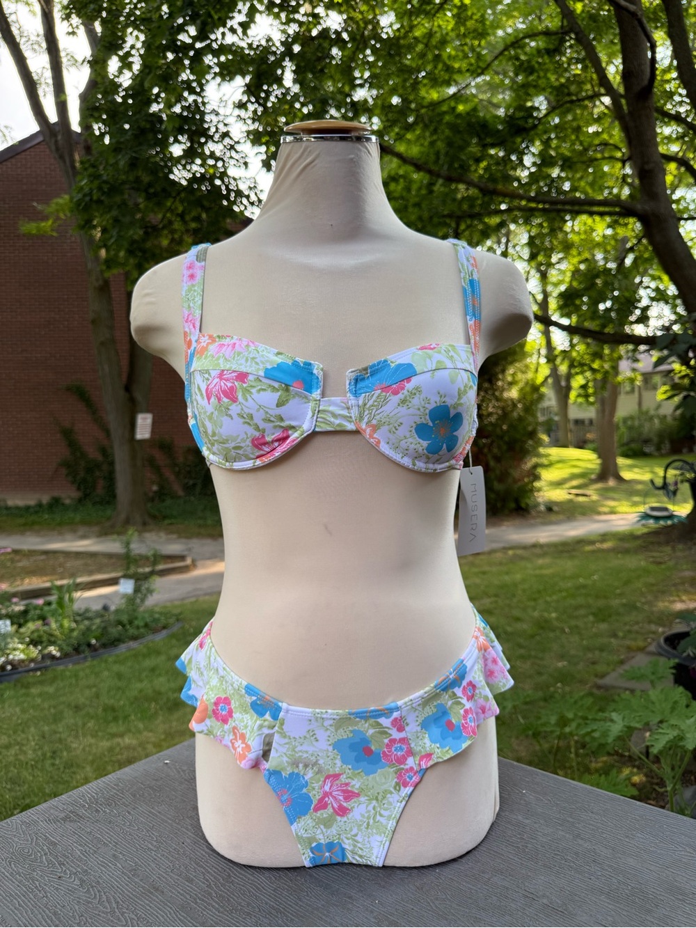 Women's Floral Bikini Set - White with Blue & Pink Flowers